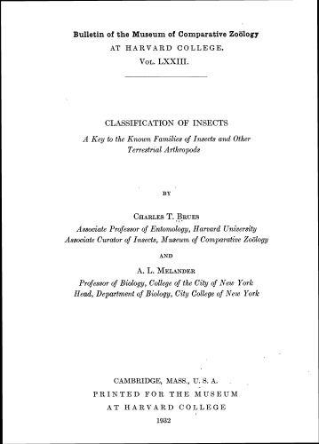 ﻿طبقه بندی حشرات: کلیدی برای شناخت خانواده حشرات و سایر بندپایان زمینی، 1932، بولتن موزه جانورشناسی تطبیقی، 73: 1-672، 1121 شکل.