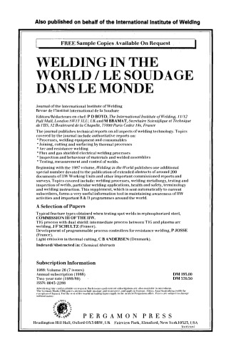 ﻿کیفیت جوش: نقش کامپیوترها مجموعه مقالات کنفرانس بین المللی بهبود کنترل جوش با اشاره ویژه به فناوری کامپیوتر که در وین، اتریش، 4 تا 5 ژوئیه 1988 تحت نظارت موسسه بین المللی جوش برگزار شد.