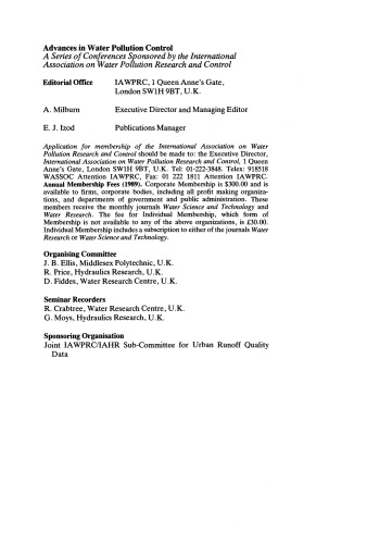 ﻿تخلیه های شهری و دریافت اثرات کیفیت آب. مجموعه مقالات سمیناری که توسط کمیته فرعی IAWPRC/IAHR برای داده های کیفی رواناب شهری، به عنوان بخشی از چهاردهمین کنفرانس دوسالانه IAWPRC، برایتون، بریتانیا، 18 تا 21 ژوئیه 1988 برگزار شد.