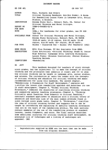 ﻿کتاب راهنمای تفکر انتقادی پایه ششم تا نهم: راهنمای بازسازی طرح درس در هنرهای زبان، مطالعات اجتماعی و علوم