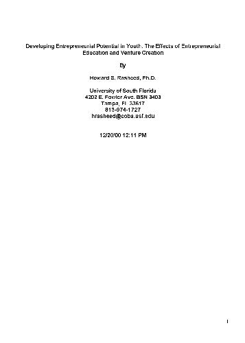 توسعه پتانسیل کارآفرینی در جوانان: تأثیر آموزش کارآفرینی و ایجاد سرمایه گذاری