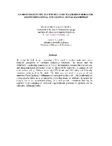 ﻿تفاوت های جنسیتی رهبری تعاملی در مقابل تحول آفرین