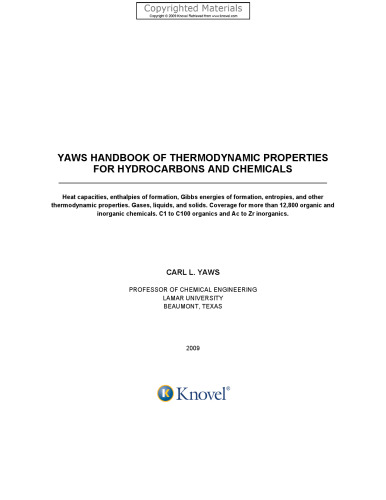 کتابچه راهنمای کاربر Yaws از خواص ترمودینامیکی هیدروکربن ها و مواد شیمیایی