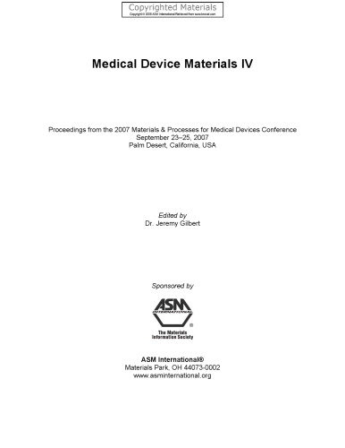 ﻿مواد تجهیزات پزشکی IV - مجموعه مقالات از مواد 2007