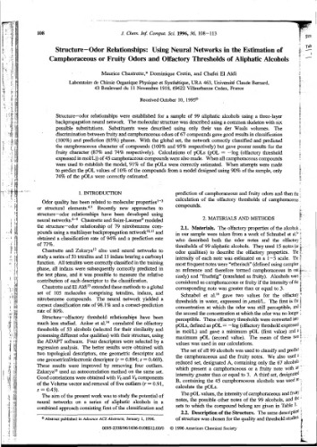 ﻿روابط ساختار-بو[c] با استفاده از شبکه های عصبی در تخمین کافوراس بوهای میوه ای و آستانه بویایی الکل های آلیفاتیک