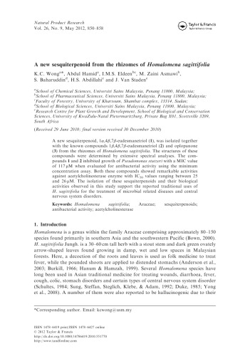 ﻿یک sesquiterpenoid جدید از ریزوم Homalomena sagittifolia