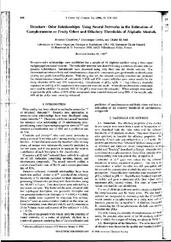 ﻿روابط ساختار-بو[c] با استفاده از شبکه های عصبی در تخمین کافوراس بوهای میوه ای و آستانه بویایی الکل های آلیفاتیک