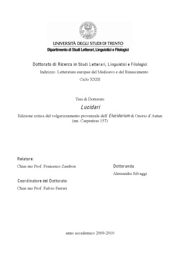 ﻿Lucidaries: نسخه انتقادی زبان بومی پرووانسی Elucidarium of Honorius of Autun (MS. Carpentras 157) [diss.]