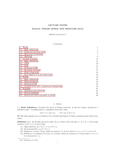 یادداشت های سخنرانی MA2215: زمینه ها ، حلقه ها و ماژول ها (2014)