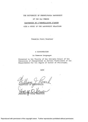 ﻿نسخه خطی دانشگاه پنسیلوانیا Blancandin et l’Orgueilleuse d’amour فرانسوی قدیم با مطالعه روابط نسخ خطی