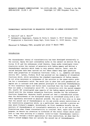 ﻿ارتباطات تحقیقاتی مکانیک 12 (2) ، 101-105 
عملکرد آرامش ویسکوالاستیک سازگار با ترمودینامیک