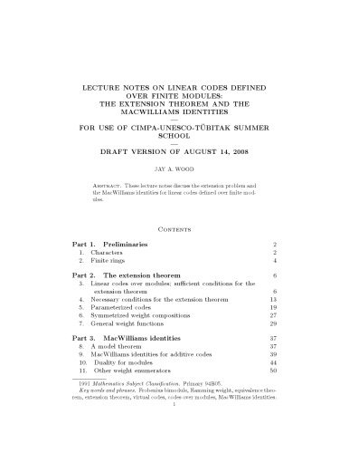 ﻿یادداشت های سخنرانی در مورد کدهای خطی تعریف شده بر روی ماژول های محدود: قضیه گسترش و هویت های مک ویلیامز [یادداشت های سخنرانی]