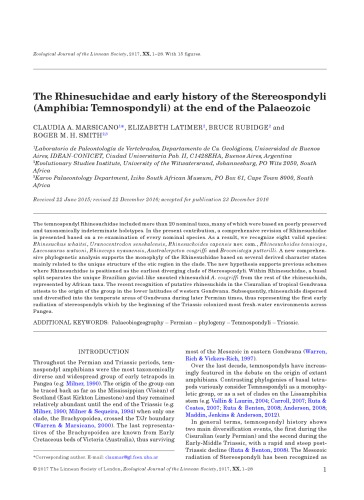 ﻿Rhinesuchidae و تاریخ اولیه Stereospondyli (Amphibia: Temnospondyli) در پایان پالئوزوئیک [مقاله]