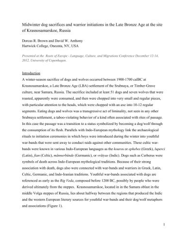 ﻿قربانی سگ های زمستانی و آغاز جنگجویان در عصر برنز متاخر در محل کراسنوسامارسکوئه ، روسیه