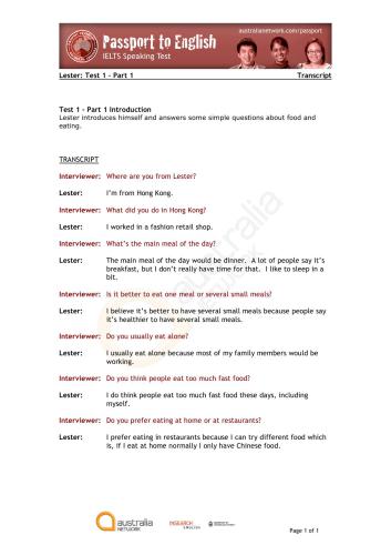 ﻿گذرنامه به انگلیسی از شبکه استرالیا ، مثال رسمی تست صحبت کردن آیلتس (لستر چین)