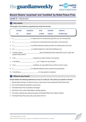 ﻿باراک اوباما از سطح پیشرفته جایزه صلح نوبل 