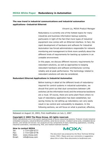 ﻿MOXA White Paper - افزونگی در اتوماسیون