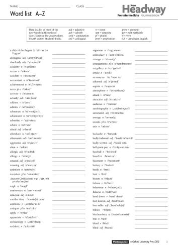 ﻿Wordlists Headway pre-intermediate ویرایش چهارم