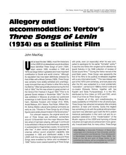 تمثیل و محل اقامت: سه ترانه لنین از ورتوف (1934) به عنوان یک فیلم استالینیستی