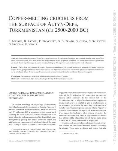 ﻿بوته های ذوب مس از سطح آلتین-دپ، ترکمنستان (حدود 2500-2000 قبل از میلاد)