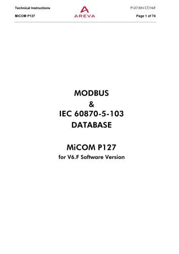 ﻿Areva MiCOM P127 - رله جهت دار/غیر جهت دار. پایگاه داده Modbus و IEC 60870-5-103