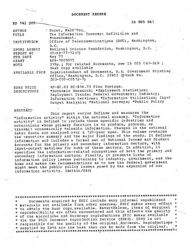 Marc Uri Porat اقتصاد اطلاعاتی: تعریف و اندازه گیری - 1977 (مهندسی)