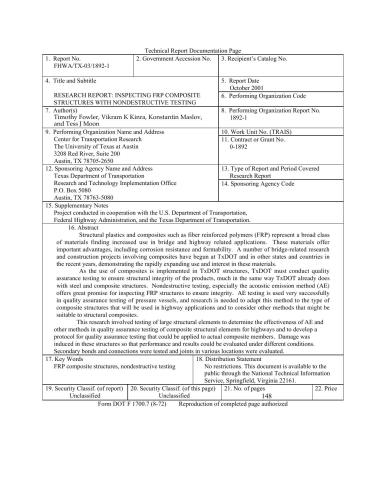 ﻿گزارش تحقیق: بازرسی سازه های کامپوزیتی FRP با آزمایش غیر مخرب گزارش شماره FHWA/TX-03/1892-1