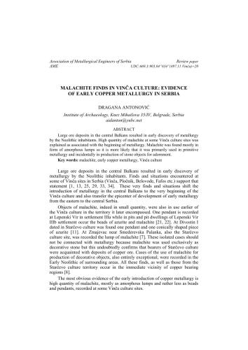 ﻿یافته های مالاکیت در فرهنگ وینچا: شواهدی از مرالورژی مس اولیه در صربستان