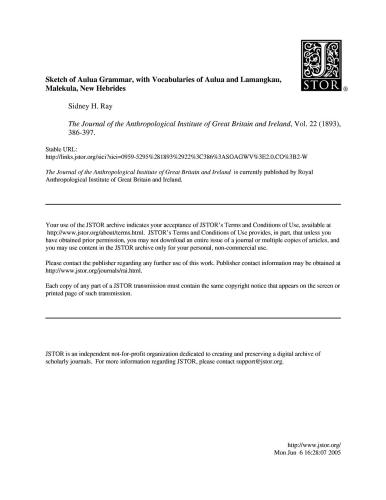 ﻿طرحی از دستور زبان Aulua، با واژگان Aulua و Lamangkau، Malekula، New Hebrides