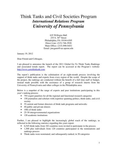 ﻿گزارش جهانی 2011 اندیشکده ها و اندیشکده ها و برنامه جوامع مدنی