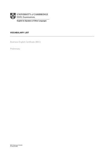 ﻿گواهینامه انگلیسی تجاری (Bec): فهرست واژگان، مقدماتی