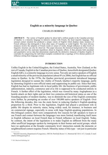انگلیسی به عنوان زبان اقلیت در کبک