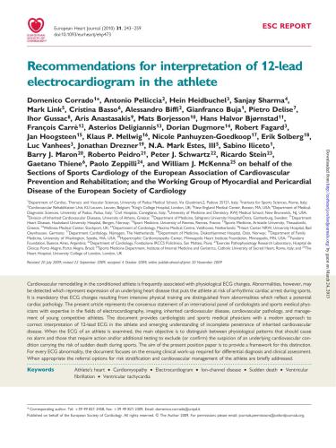﻿گزارش ESC توصیه هایی برای تفسیر الکتروکاردیوگرام 12 لید در ورزشکار