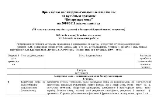 ﻿تقویم کاربردی و برنامه ریزی موضوعی برای موضوع زبان بلاروسی برای سال تحصیلی 2010/2011 (کلاس ششم موسسات آموزش عمومی با زبان های آموزشی بلاروسی و روسی). 105 ساعت در سال