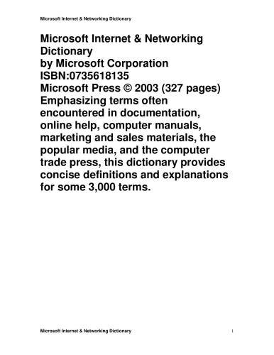 ﻿Microsoft Corp. Microsoft Internet & Networking Dictionary
