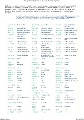 ﻿Lexique Kurso de Esperanto دوره های آموزشی در dix leçons