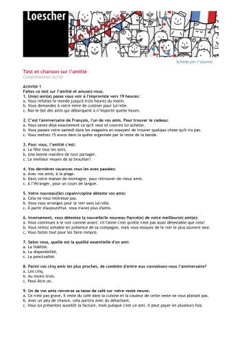 ﻿تست و آهنگ در مورد دوستی. برگه فعالیت