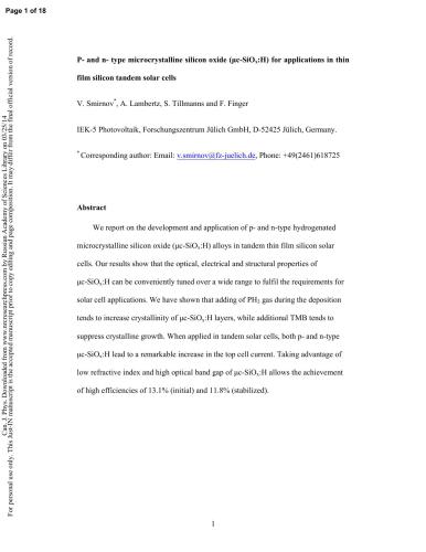 ﻿اکسید سیلیکون میکروکریستالی نوع P و n (μc-SiOx: H) برای کاربرد در سلول های خورشیدی پشت سر هم سیلیکونی لایه نازک