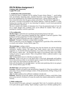 ﻿CELTA Written Assignment 3 وظایف مربوط به مهارت های زبانی