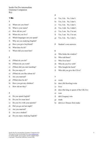 ﻿Inside Out Pre-Intermediate Grammar Companion کلید پاسخگویی