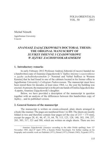 ﻿پایان نامه دکتری Ananiasz Zajączkowski: نسخه خطی اصلی پسوندهای اسمی و لفظی در کریم غربی