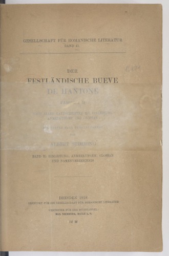 ﻿Der Continente Bueve de Hantone، نسخه دوم، بر اساس تمام نسخه های خطی با مقدمه، یادداشت ها و واژه نامه