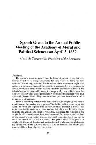 ﻿«خطاب به فرهنگستان علوم اخلاقی و سیاسی»، آوریل 1852