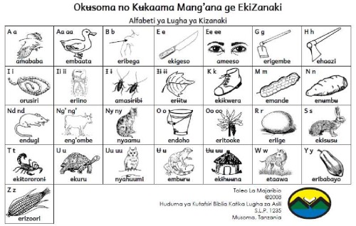 ﻿Okʉsoma no Kʉkaama Mangana ge EkiZanaki. الفبای زبان کیزاناکی