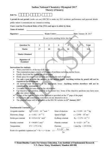 INChO 2017 شیمی مقاله مقاله از هند هند ملی المپیاد شیمی شیمی