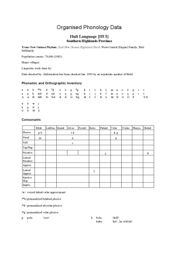 ﻿داده های واج شناسی سازمان یافته زبان هولی [HUI]. استان ارتفاعات جنوبی
