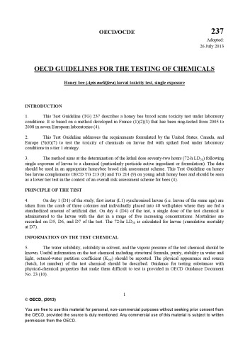 ﻿تست شماره 237: تست سمیت لارو زنبور عسل (Apis Mellifera)، یک بار مواجهه