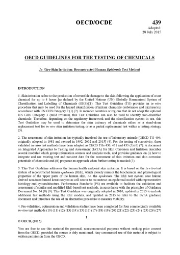 ﻿تست شماره 439: تحریک پوستی در شرایط آزمایشگاهی: روش تست اپیدرم بازسازی شده انسانی