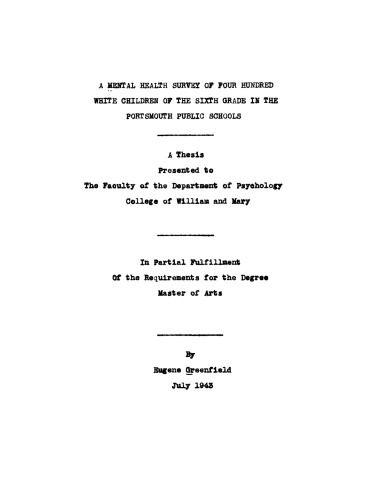 ﻿بررسی سلامت روانی چهارصد کودک سفیدپوست کلاس ششم در مدارس دولتی پورتسموث