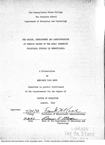 ﻿منشاء، توسعه و اداره مراحل معینی از مدارس حرفه ای جامعه روستایی در پنسیلوانیا